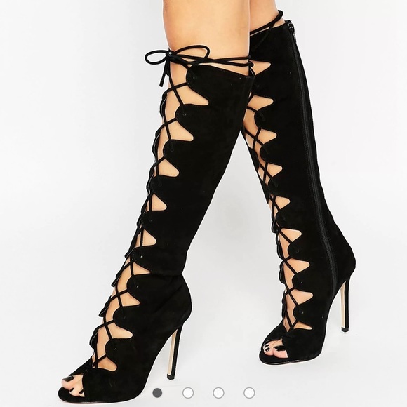 Aldo Women’s Black High Heels Gladiator Boots Suede Strappy Lace Adjustable - Picture 1 of 7